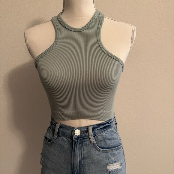 Tops - Blue/Green Stretchy Ribbed Racer Back High Neck Crop Top Size S/M